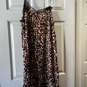 NWT Leopard Print Satin Slip Dress with Lace Trim